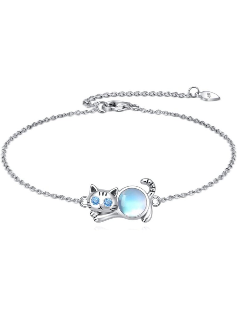 925 Sterling Silver Cat Moonstone Bracelet - Cute Kitten Jewelry, Adjustable